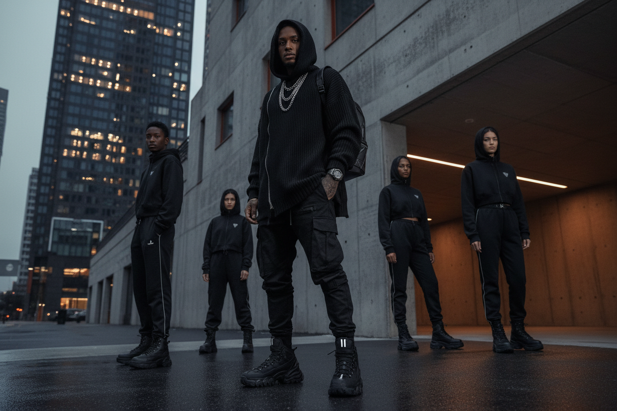 urban streetwear, dunkel gehalten, aber nicht zu dunkel, passend zu den anderen bildern meines shops